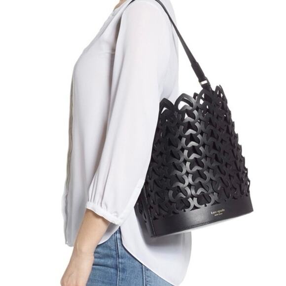 Kate Spade Black Dorie Medium Bucket Bag Spade Weave - Picture 4 of 14